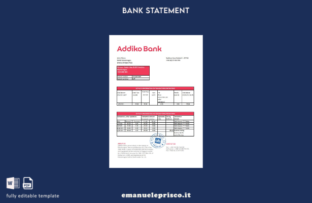 Modello Excel di estratto conto bancario Montenegro Addiko in stile verificato